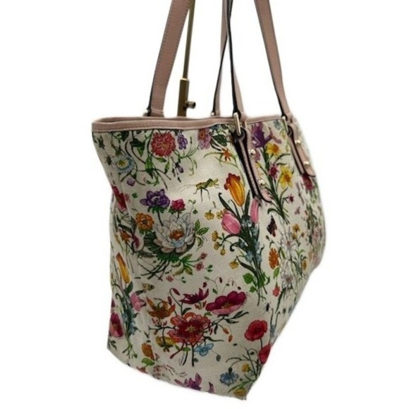 Gucci Women's Beige Pink Garden Print Tote Bag Leather Handles - Picture 2 of 10